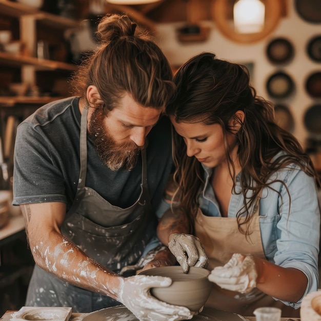 Photo a couple at a pottery class shaping a clay pot on a wheel theyre focused their hands covered in clay and the pot taking shape under their skilled touch