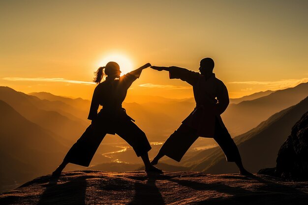 Photo couple practicing martial arts on the top of a mountain generative ai