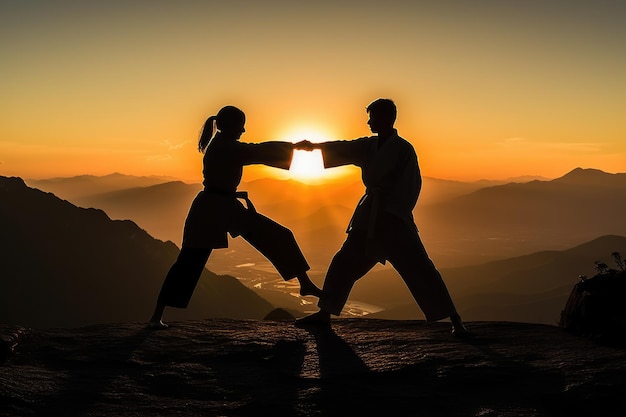 Couple practicing martial arts on the top of a mountain Generative AI