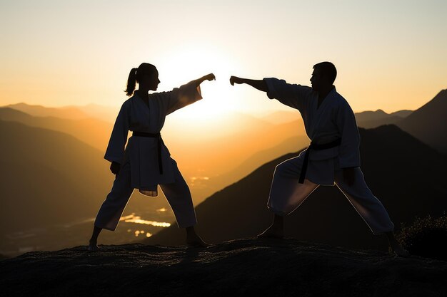 Couple practicing martial arts on the top of a mountain Generative AI