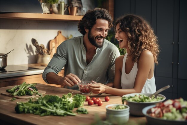 Photo couple prepare food in a kitchen