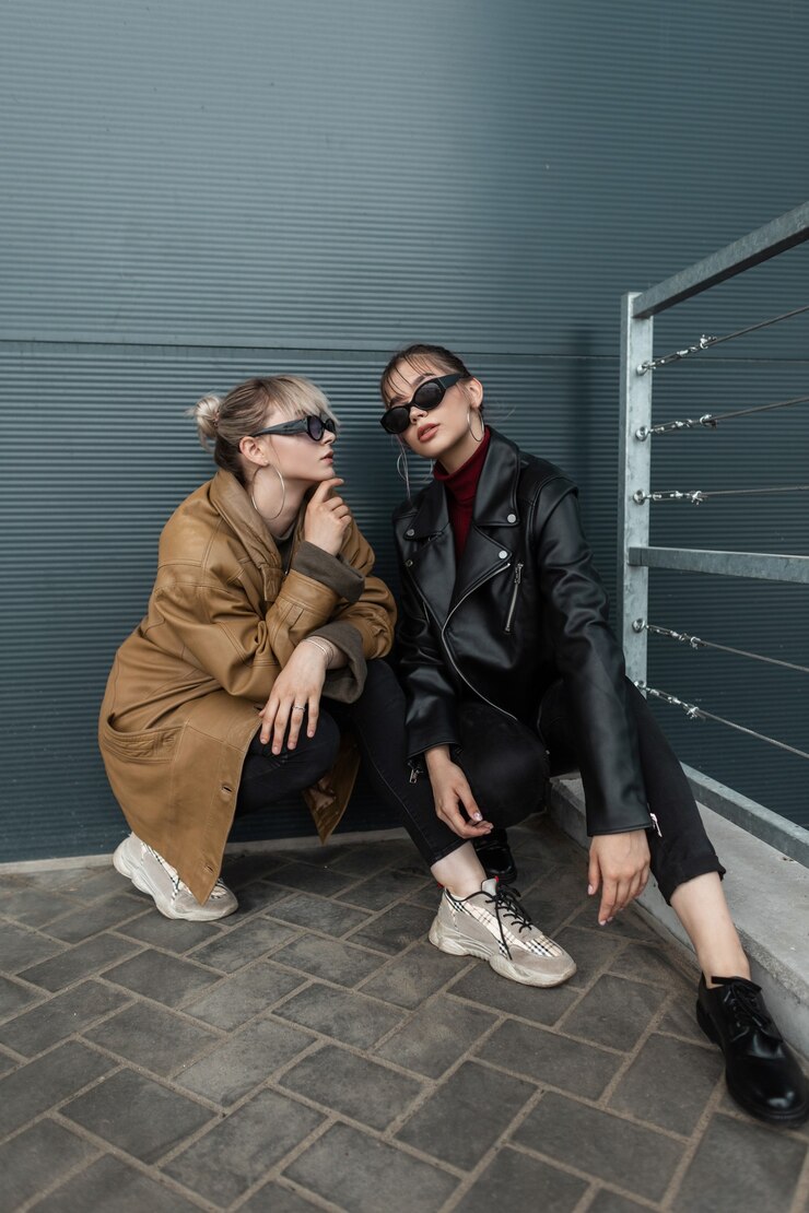 Photo 一对漂亮的年轻模特女孩穿着时尚的皮夹克和黑色牛仔裤穿着时髦的鞋子坐在城市的金属墙旁边