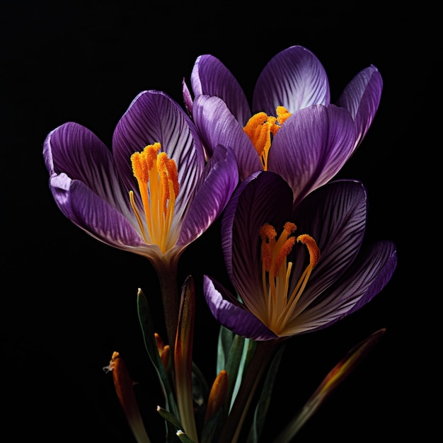 A couple of purple crocus flowers with the top one that is yellow.