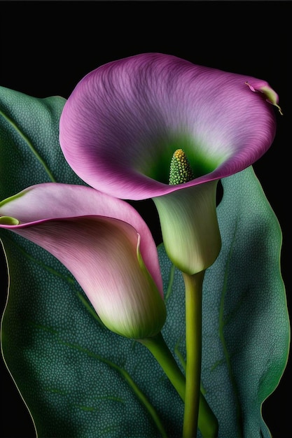 Couple of purple flowers sitting on top of a green leaf generative ai