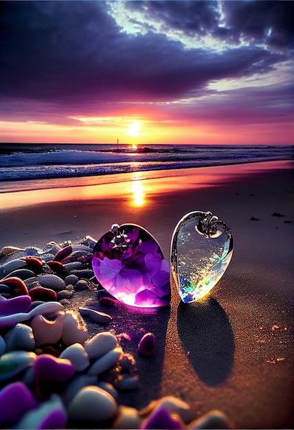 砂浜の生成 ai の上に座っている紫の石のカップル