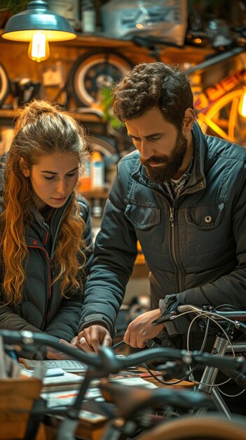 Foto una coppia che installa un supporto per biciclette nella loro residenza