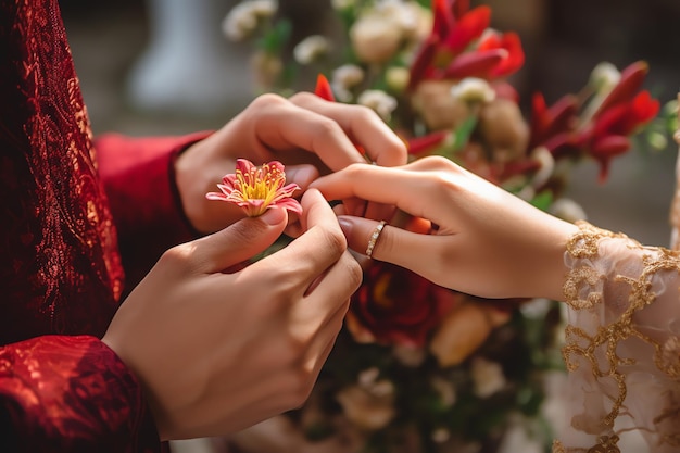 結婚指輪に花を添えるカップル