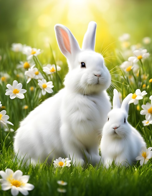 a couple of rabbits in a field of daisies