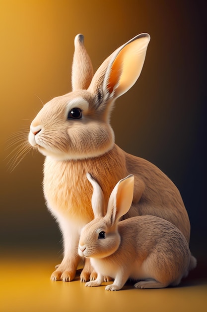 Couple of rabbits sitting next to each other on top of table Generative AI
