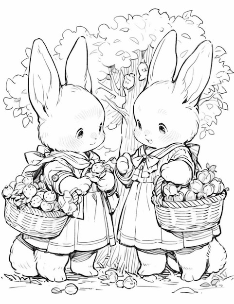 A couple of rabbits with baskets of fruit in their hands generative ai