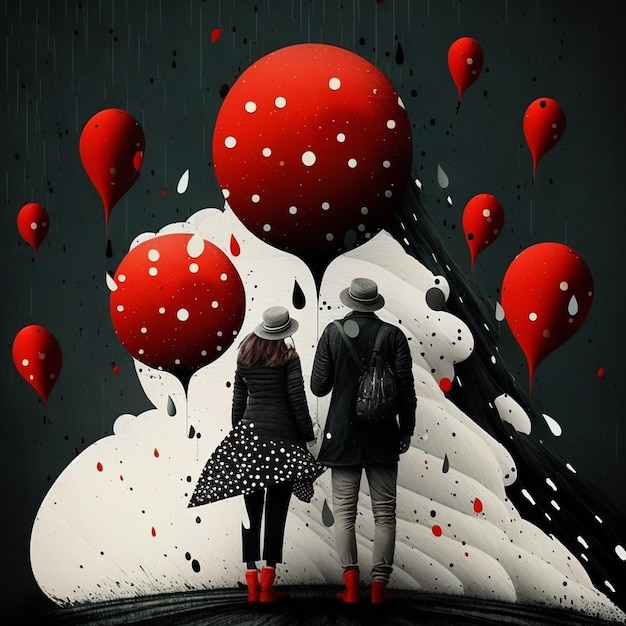 A couple in a raincoat and hat are standing in front of a painting of balloons.