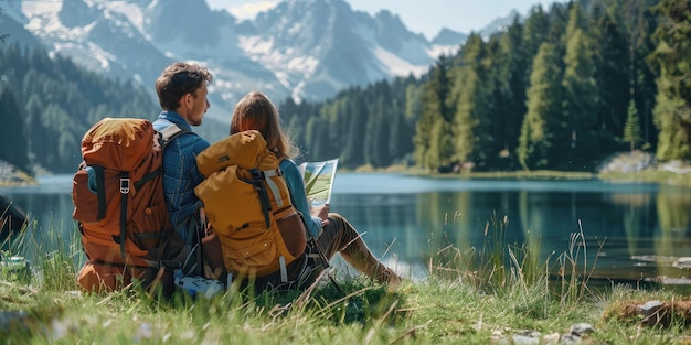 a couple reading a map by a lake