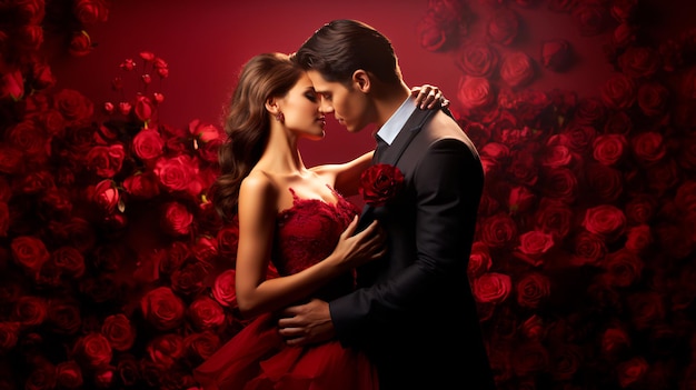 Photo a couple in red and black are kissing in front of a red background with roses