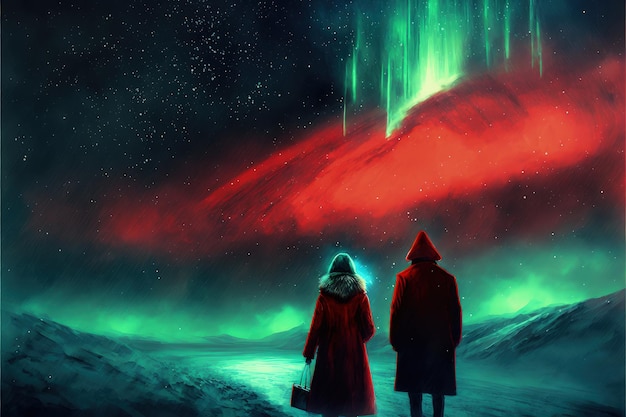 Пара в красном пальто под зонтиком, идущая по снегу, глядя на северное сияние в небе, иллюстрация в стиле цифрового искусства, рисующая фэнтезийную концепцию пары под северным сиянием в небе