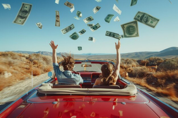 Couple in red convertible throwing money in the air as they drive down the road