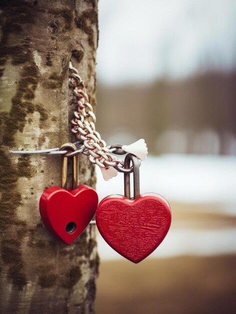 Photo couple red heart lock with key lean against vintage pole