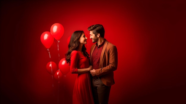 Photo a couple in red and red with red balloons in the background