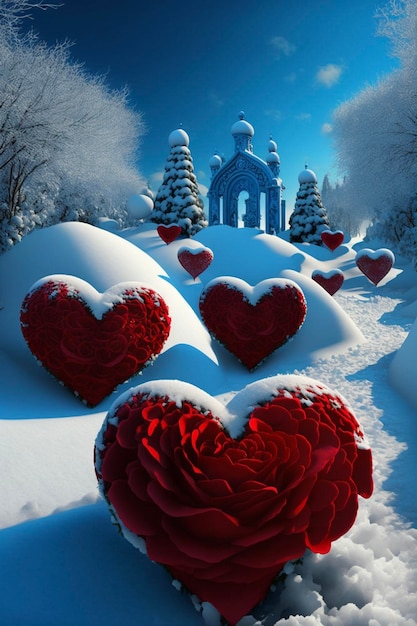 Couple of red roses sitting on top of snow covered ground generative ai