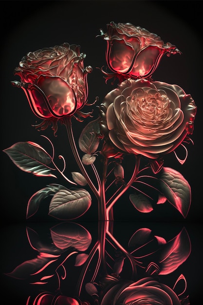 Couple of red roses sitting on top of a table generative ai