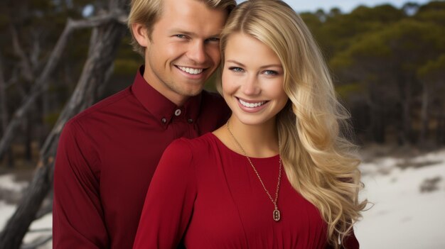 A couple in red shirts smiling for a picture