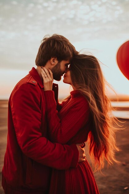 Una coppia in rosso con i palloncini sullo sfondo