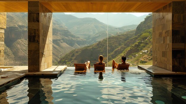 Foto una coppia che si rilassa in una lussuosa piscina infinita con vista su uno splendido paesaggio montuoso