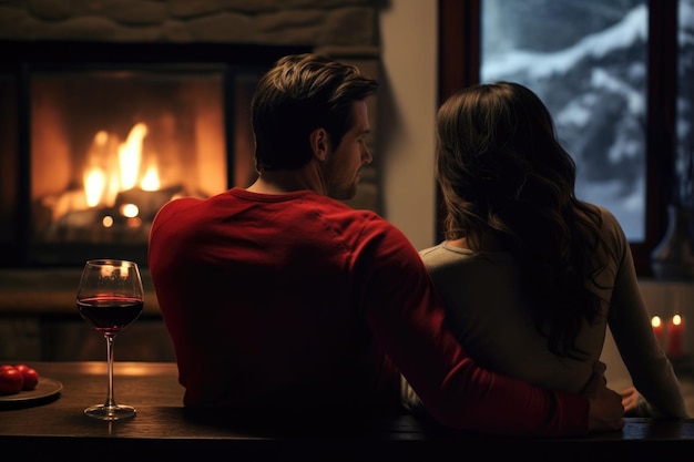 Couple relaxing with glasses of wine at romantic fireplace on winter evening Generative AI illustration