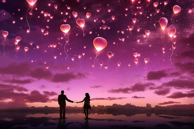 Photo a couple releasing pink heartshaped lanterns pink life