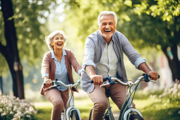 A couple of retirees with white hair riding a bicycle in the summer