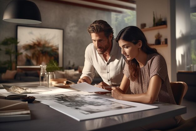 Photo a couple reviewing a floor plan and arranging generative ai