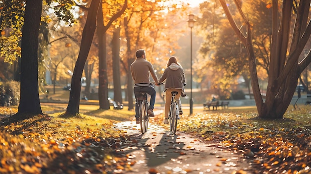 夫婦が公園の木に囲まれた道を自転車で走っています木の葉は茶色とオレンジ色に変わっています