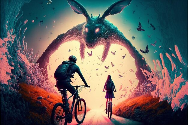 a couple riding bikes down a road with a monster in the background.