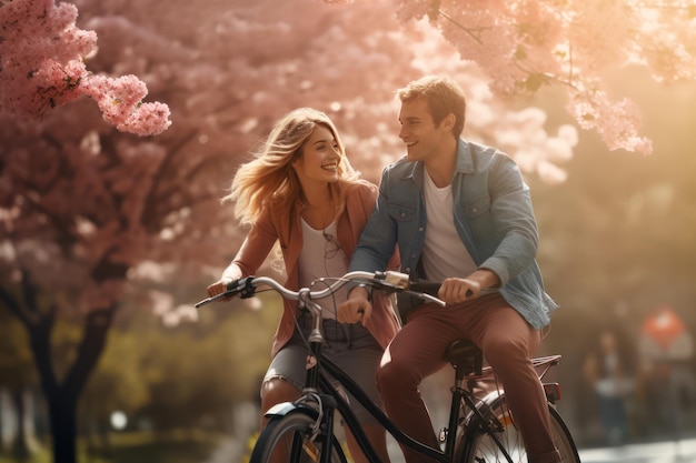 Photo couple riding bikes in park