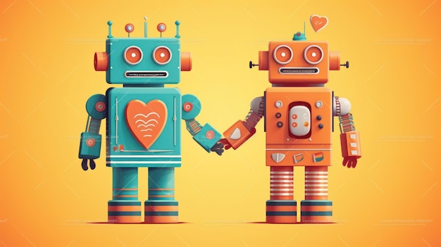 A couple of robots holding hands, one of which says love.