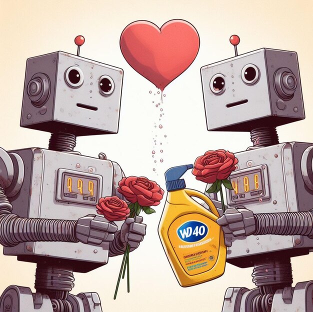 Photo a couple of robots in love hold product lubricates wicks moisture protects metal surfaces