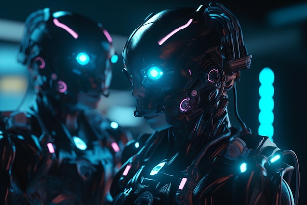 파란 눈과 머리에 분홍색과 파란색 빛을 가진 두 개의 로봇