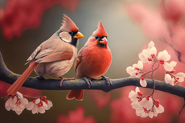 Couple of romantic cardinal birds on a branch Love concept Generative AI