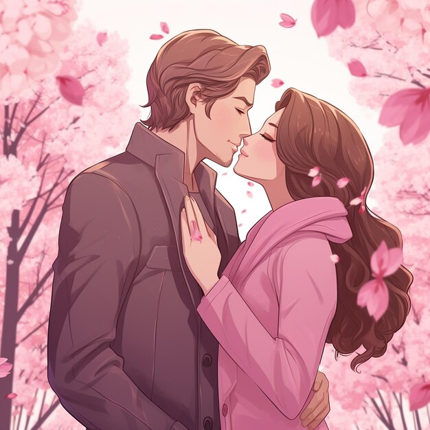 Couple on romantic cherry blossom background illustration