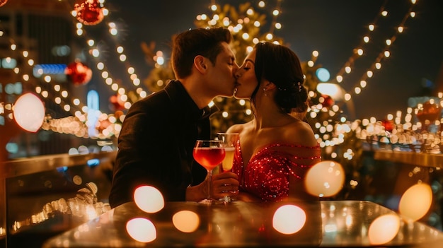 A couple in a romantic corner of the rooftop bar sharing a kiss under ling fairy lights as they