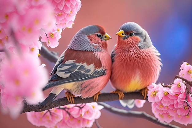 Couple of romantic finch birds on a branch Love concept Generative AI