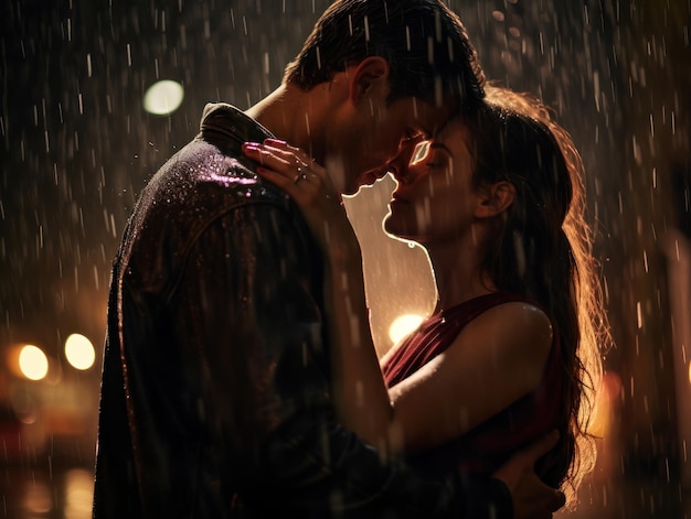 Couple romantic moments under the rain