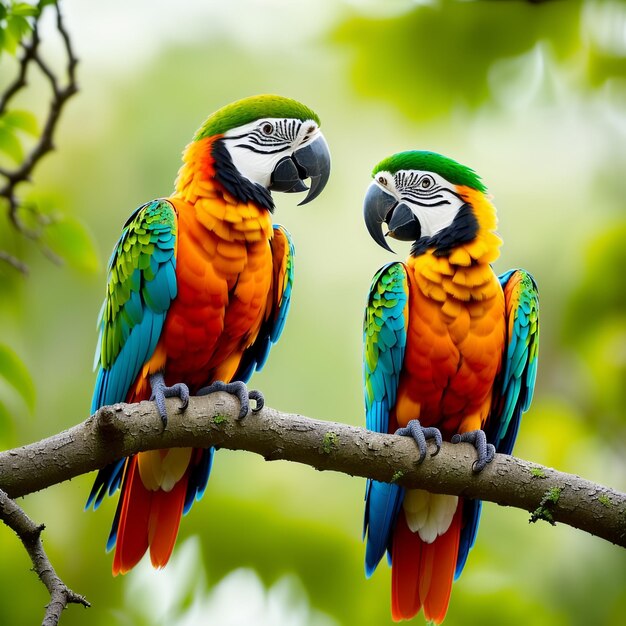 Couple of romantic red macaw parrots on branch Generative AI