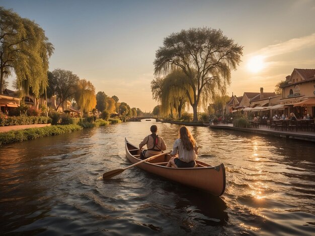 Photo couple rowing a boat on a canal at sunset in the park