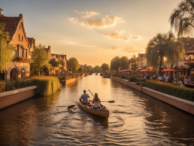 Couple rowing a boat on a canal at sunset in the park