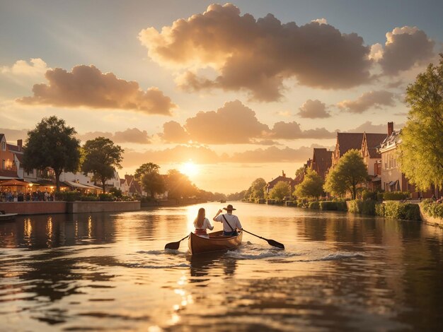 Photo couple rowing a boat on a canal at sunset in the park