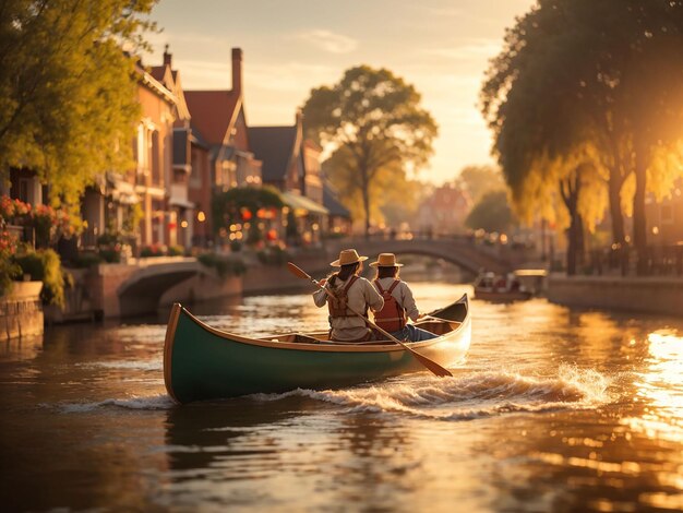 Photo couple rowing a boat on a canal at sunset in the park