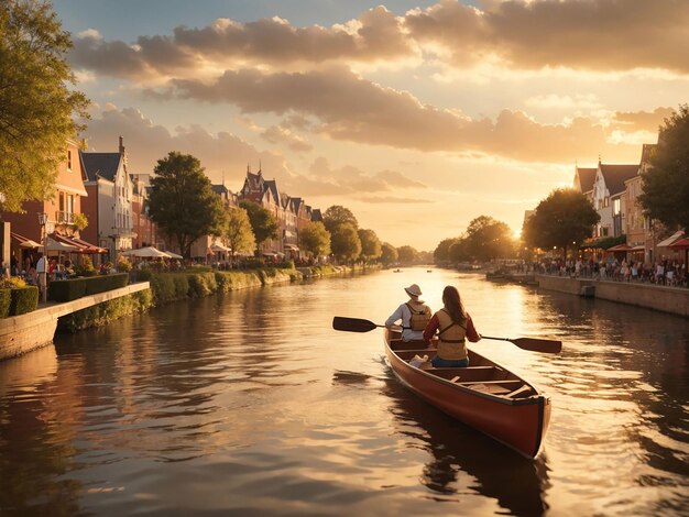 Photo couple rowing a boat on a canal at sunset in the park