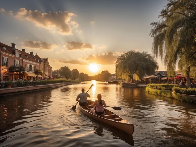 Photo couple rowing a boat on a canal at sunset in the park