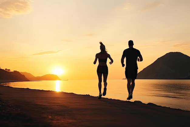 Couple Runners Silhouette Beach Runners Athlete Running in Morning Dusk at Coast Nature Beach Landscape Active People Lifestyle Concept Generative AI Illustration