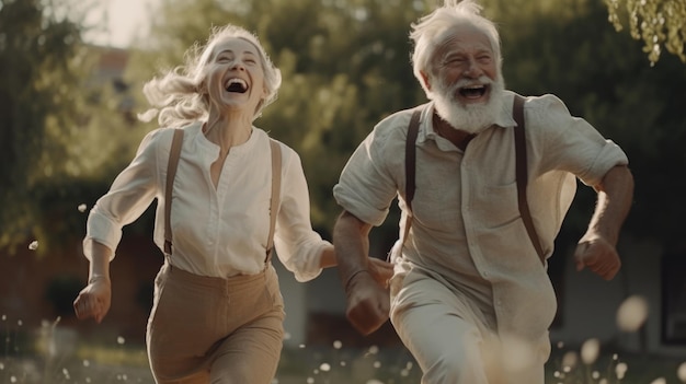 A couple running in a park with a man and woman holding hands and wearing suspenders.